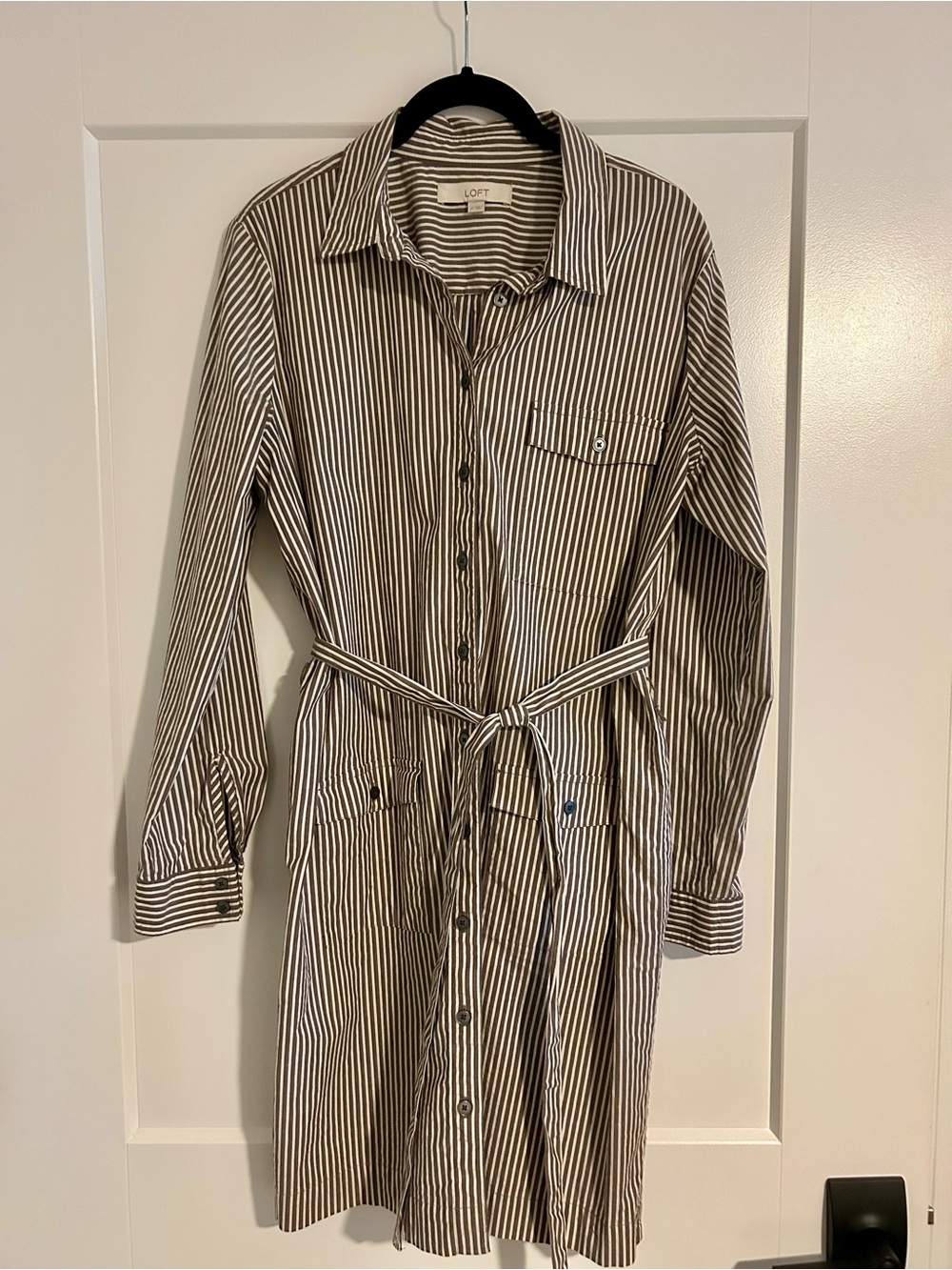 LOFT Brown and White Striped Shirt Dress